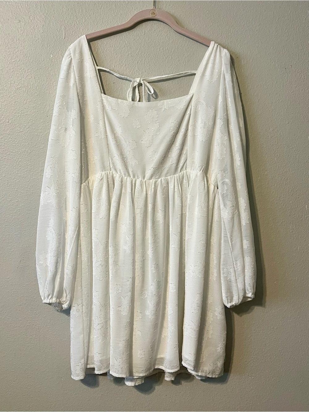 White Square-neck Mini Dress Embossed Floral Pattern Long Sleeve Romantic SizeXL